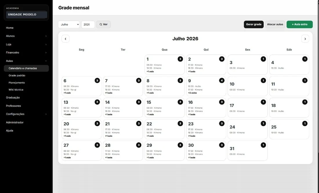 Calendário de aulas no painel administrativo