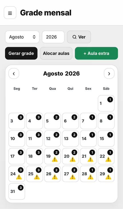 Calendário mensal de aulas do painel, aberto no celular
