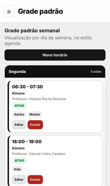 Grade padrão semanal do painel, aberta no celular