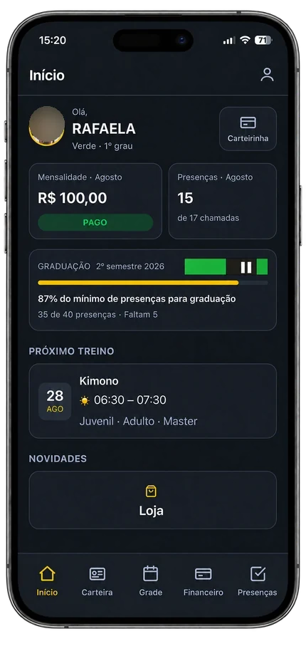 Tela inicial do aplicativo do aluno, com mensalidade e próximo treino