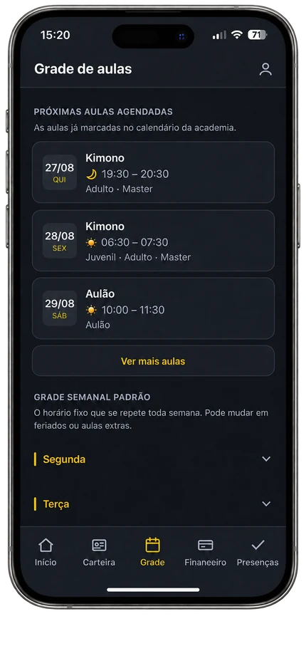 Grade de aulas da academia no celular do aluno